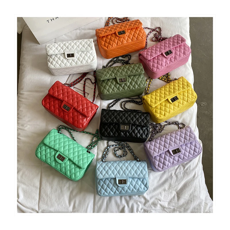

2021 New Korean Fashion Casual Lattice Chain Shoulder Crossbody Bag Fashion Design Pu Leather Mini Ladies Crossbody Bag, 10 colors