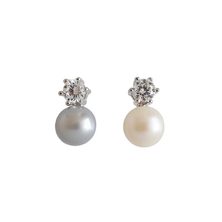 

Simple Silver Jewelry Luxury S925 Pearl CZ Earrings 925 Sterling Silver Clear Cubic Zirconia Freshwater Pearl Stud Earring, As picture