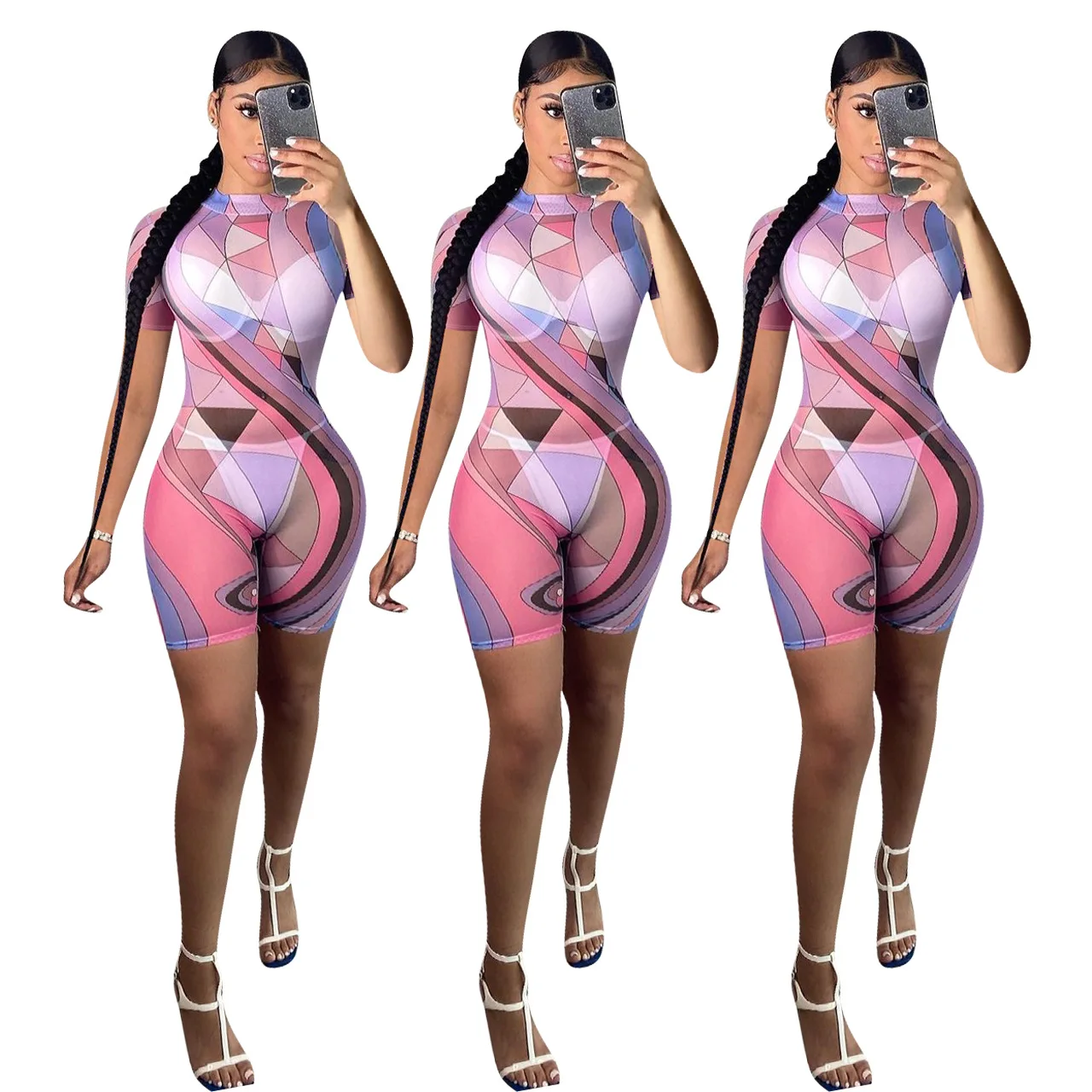 

DUODUOCOLOR New style summer fashion gauze women short sleeve high quality sexy 2021 print jumpsuit D10716, Pink