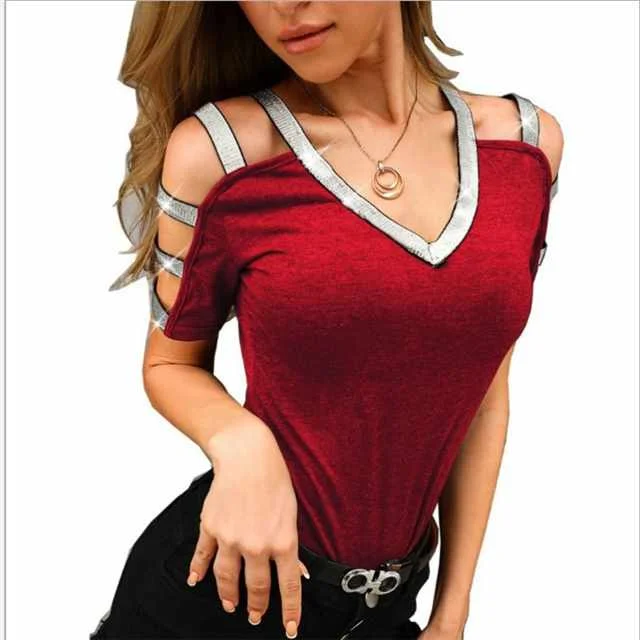 

Spring And Summer New Women's Knit Tops Strapless V-neck Short-sleeved T-shirt In Stock, Picture color