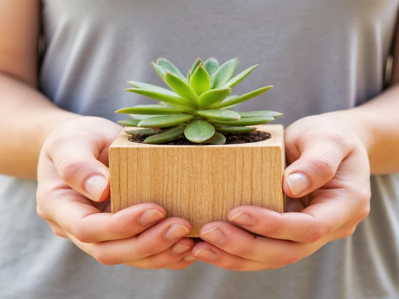 Hand holding wooden block planter with small succulent