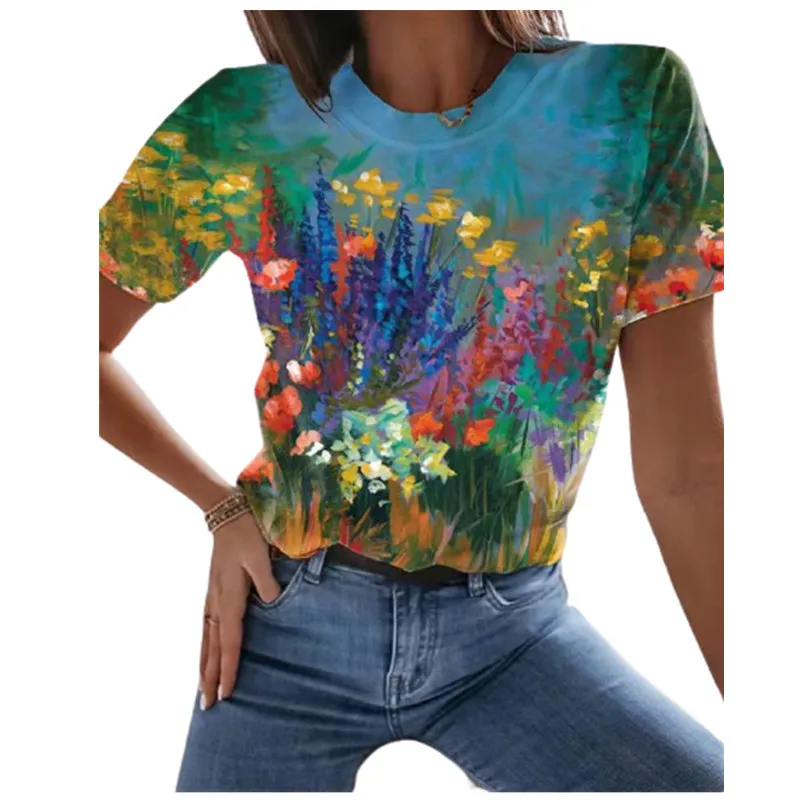 

Summer fashion oversized women floral printed fabric tshirt Loose V-Neck Short Sleeve Casual Tee Top