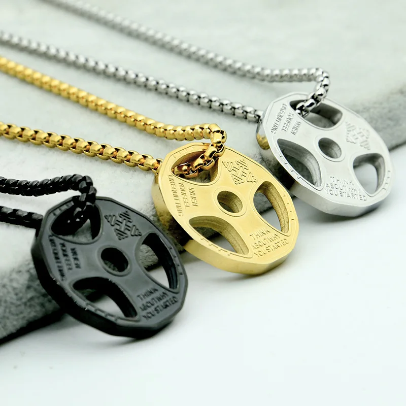 

2022 New Mens Fashion Stainless Steel Necklace Fitness Gym Dumbbell Weight Plate Barbell Chain Pendant Necklace for Men
