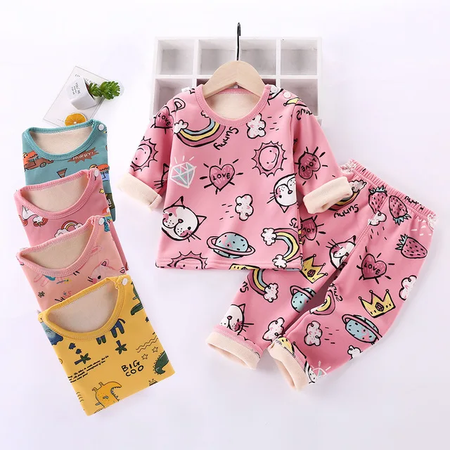 

Autumn Winter baby fleece-lined pajamas children thermal pajamas cartoon printed pyjamas sets boys girls underwear, As picture