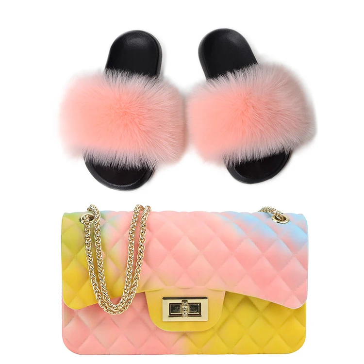

Mixed Color Fur Slides And Matching Purse Wholesale Price Bulk Women Faux Fur Slides Slippers And Colorful Cross-body Bag Set, Black, red,green, multicolor, ect