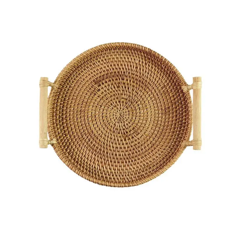 

Hand-Woven Environmental Protection Tray By Living Room Desktop Fruit Of The Kitchen The Wooden Handle Storage Basket, Light tan