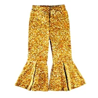 

RTS Wholesale Kids Baby Girls Golden Flare Ruffle Pant Children Toddler Printed Knitted Bell Bottom Pants