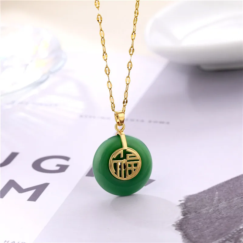 

18K Gold Plated Stainless Steel Open Circle Disc Jade Necklace Chinese Style Lucky Fu Jade Pendant Necklace Jewelry, Photo