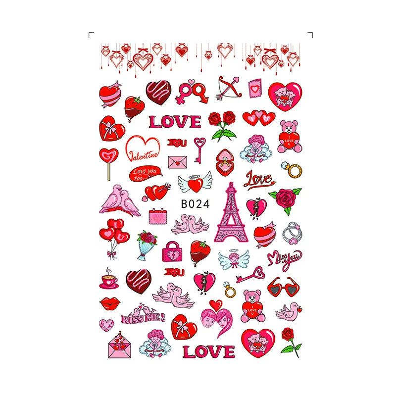 

Self-adhesive Pink Red 3d Valentine Nail Stickers Decal Valentine's Day Manicure Nail Art Decoration Foil Accessories Supplies