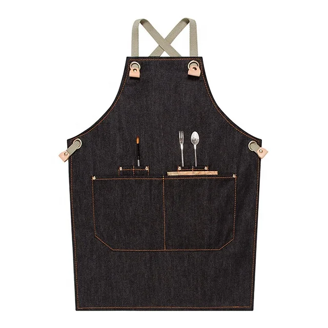 

Wholesale Washed Canvas Denim Work Apron With Pure Copper Hardware Cotton Ribbon, Can be customized
