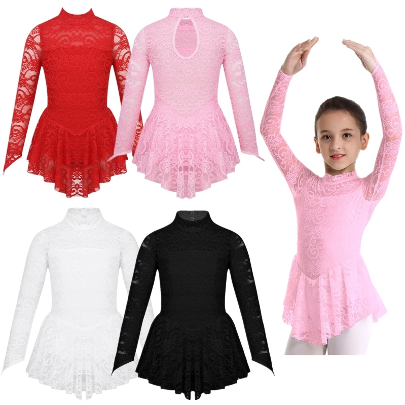 

Custom Girls Long Sleeves Mock Neck Floral Lace Figure Ice Skating Roller Skating Ballet Performance Dress