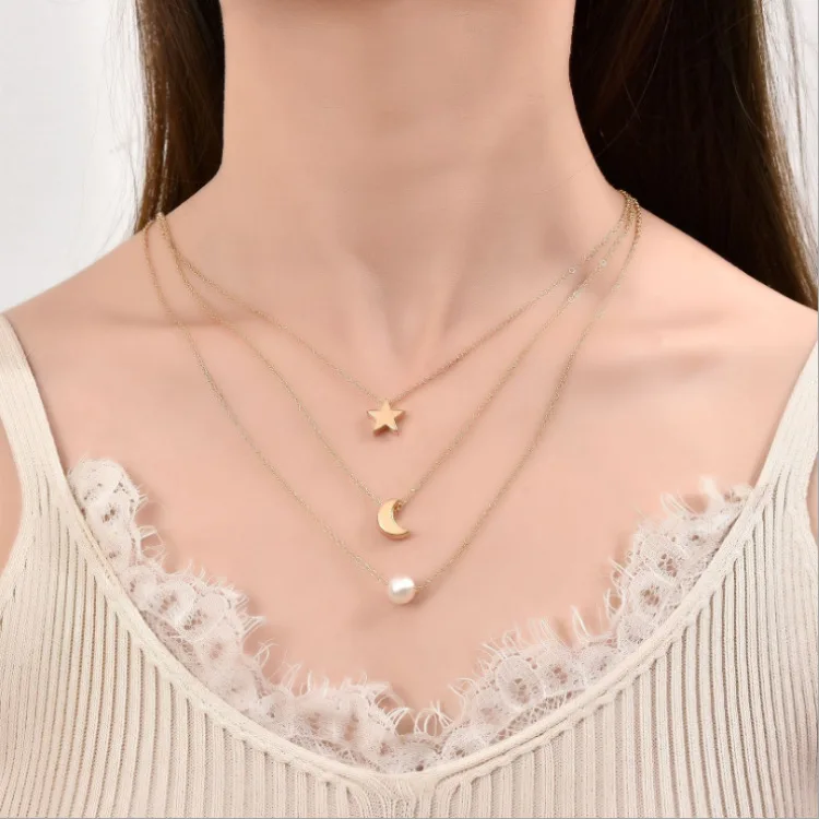 

AA00425 Fashion Jewelry 3Pcs/set Star Moon Sun Layered Pearl Necklace for Women