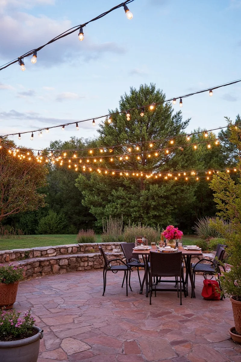 String lights on pergola during rain