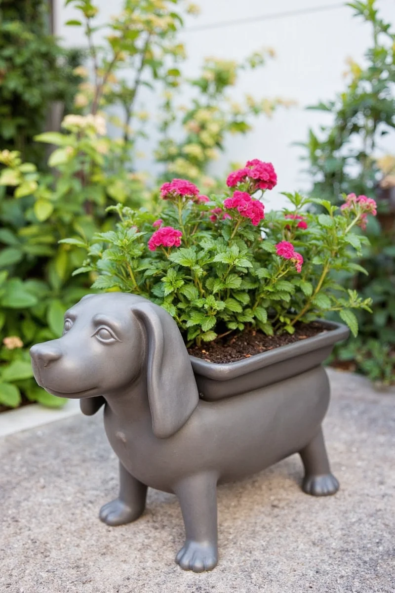 A mischievous puppy attempting to nibble on a durable resin planter that resists chewing