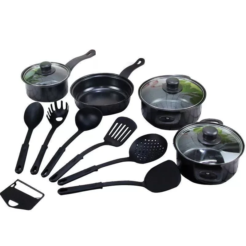 

13 pieces camping non stick cooking pot cast iron luxury cookware sets, Black