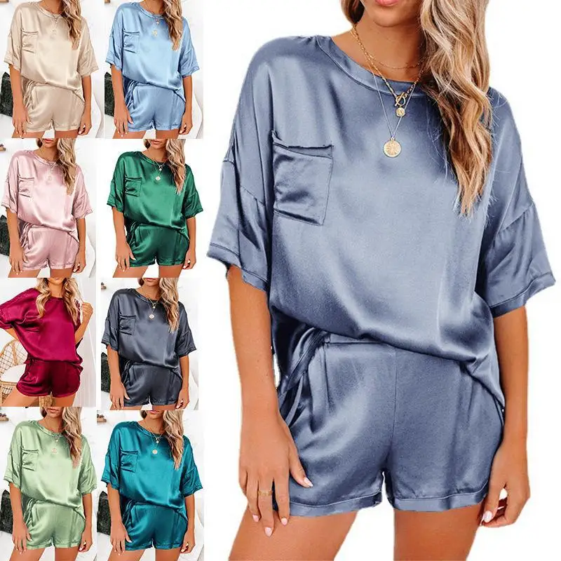 

New Summer Short Sleeve Satin Sleepwear Solid Color Loungwear Pyjamas 2 Piece Plus Size 3XL Silk Pajamas Set For Woman, Multi colors