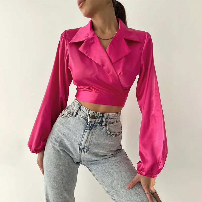 

Fall Clothes Sexy Long Sleeve Crop Top T Shirt Fashion V Neck Lace Up Blouses Elegant Women, Picture color