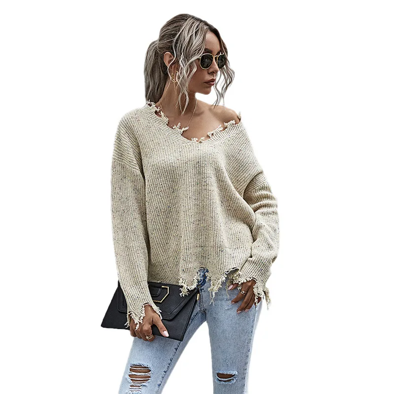 

Custom Knit Distressed Women Sweater Fringe Knitted Pullover Sexy Irregular Off Shoulder Loose Crop Top Women Sweater, Customized color