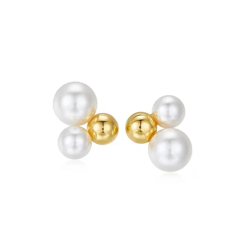 

French 14K Gold Plated Stainless Steel Shell Pearl Ball Stud Earrings Hip Hop Styles For Girls