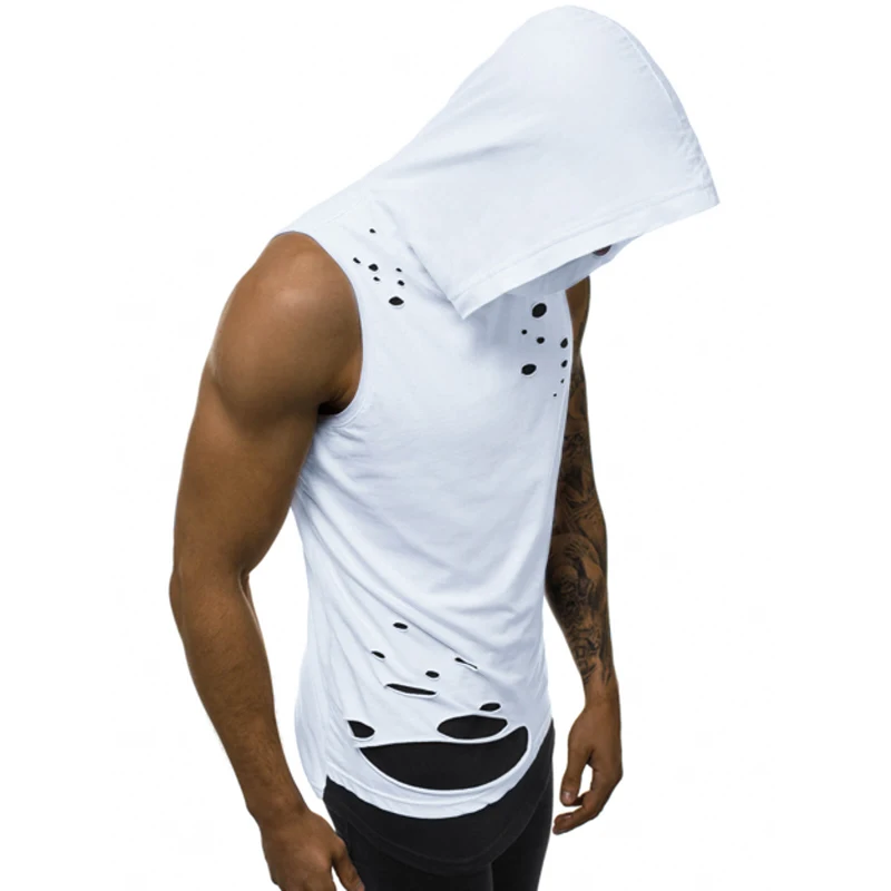 

Men distressed hooded t shirts sleeveless front two layers round hem hip hop t shirts solid color blank t shirts wholesale, Stock color /custom color