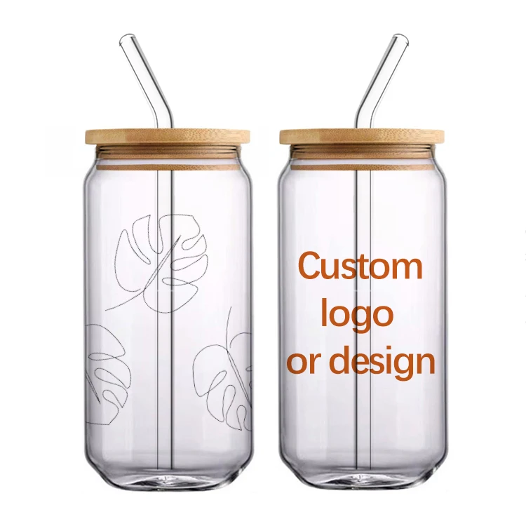 

Custom Private Label Design Pattern Logo 16oz 20oz 600ml Sublimation Beer Can Glass with Bamboo Lid and Glass Straw, Customized color