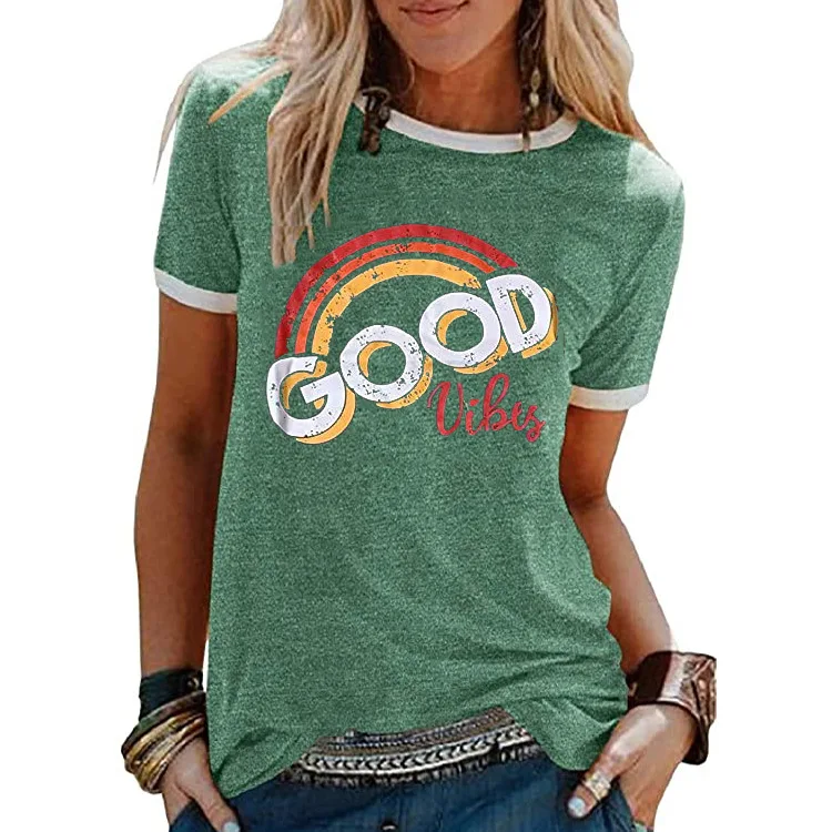 

2020 women's new top, rainbow GOOD VIBES printed round neck T-shirt short sleeve women