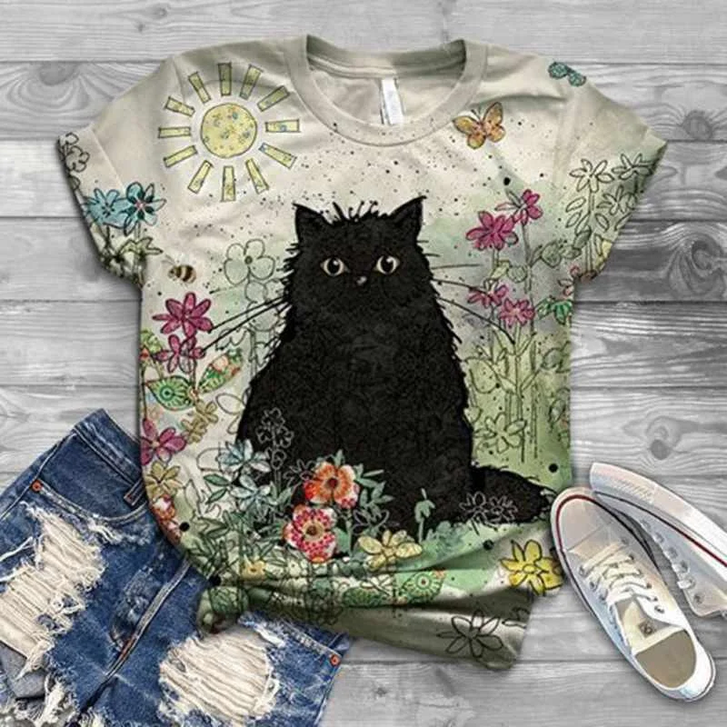 

3d Animal Top Tee Umbrella Printed O-neck Short Sleeve Top T-shirt