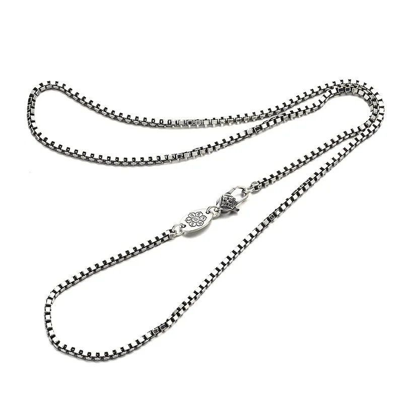 

S925 Sterling Silver Men and Women Box Chain Necklace Vintage Six Words' Mantra Buddhist Amulet Necklace Fine Jewelry