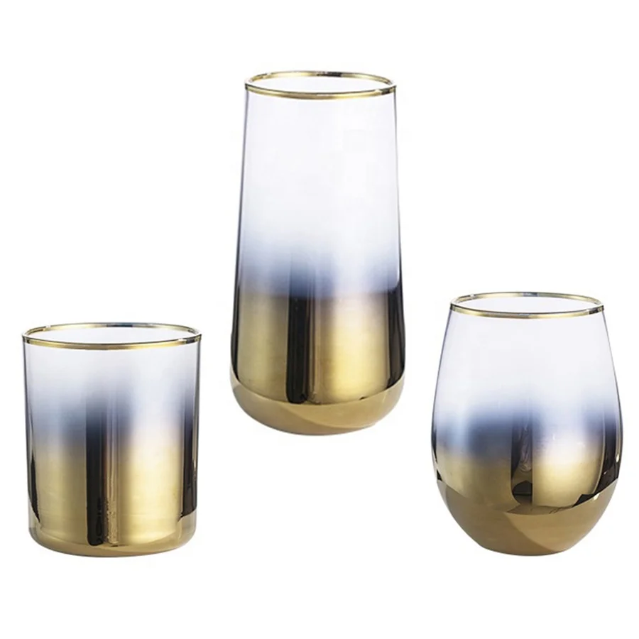 

Amazon Luxury Golden Glass Bottom Electroplating Water Glass with Gold Rim Coffee Mug Milk Stemless Tumbler Wine Glass