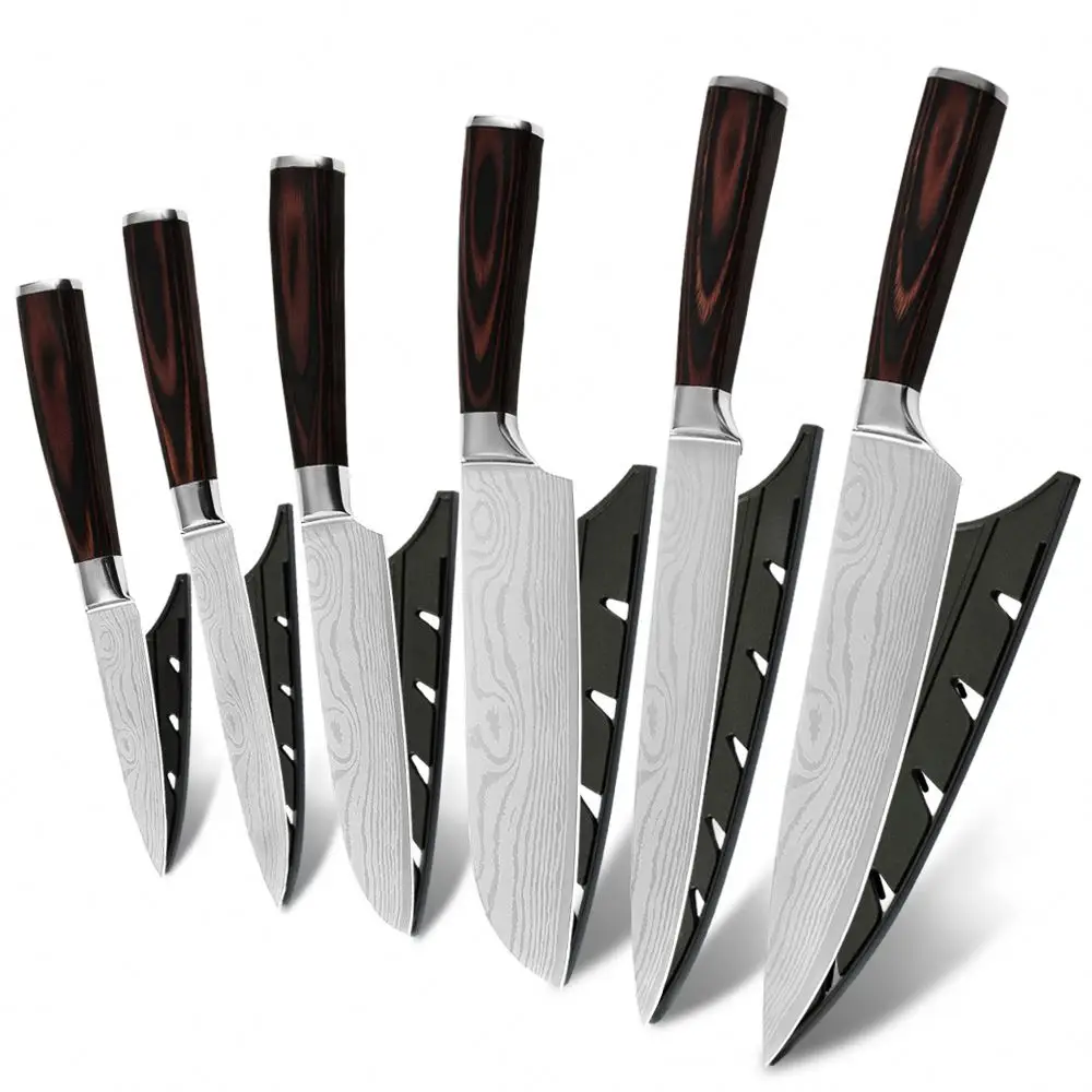 

FREE Shipping 6Pc Chef Knife Set Damascus Veins Pakka Wood Handle Knife Kitchen 7Cr17Mov Stainless Steel Kitchen Knife Set