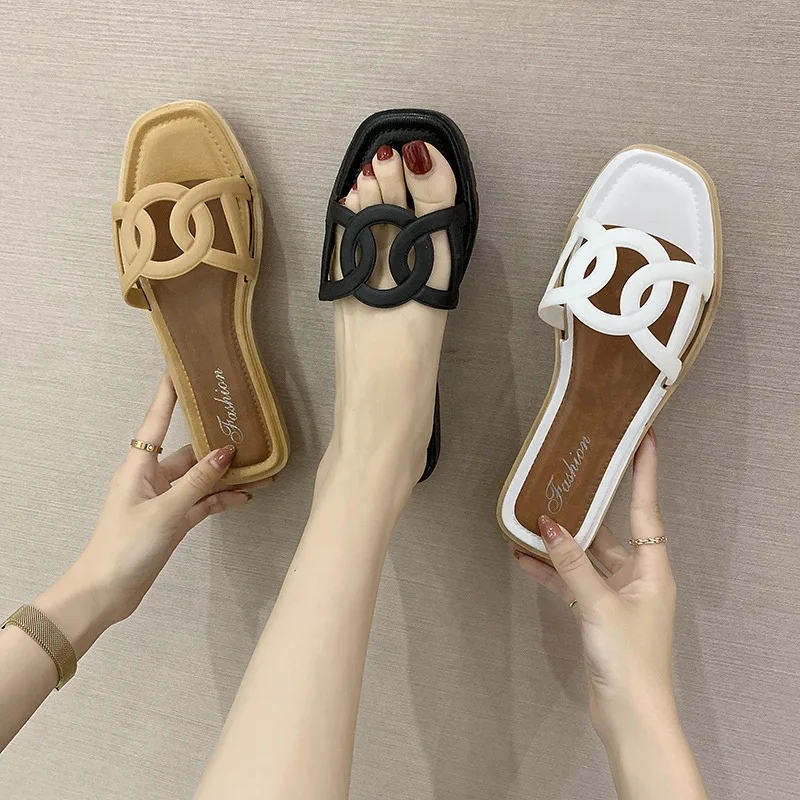 

2021 new style small fresh outer wear beach woven fashion flat-bottomed slippers female factory wholesale women shoes, Black