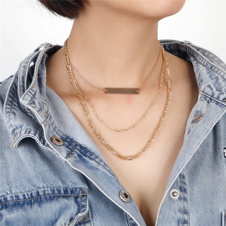 

Amazon new personality fashion all-match pendant geometric alloy layered necklace double chain factory direct sales, Picture shows