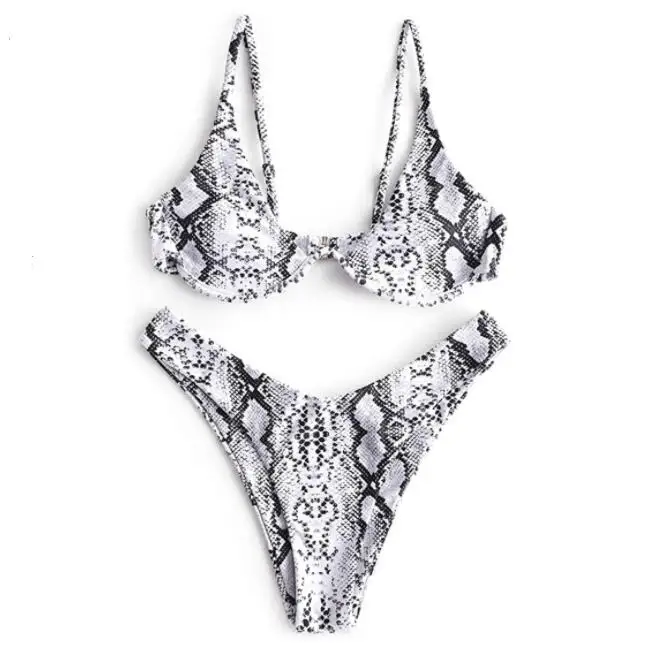 

MOCO 2021 Snake Print Swimsuits for Women V Wired Underwire Push Up High Cut Bikini Set Two Pieces Bathing Suits