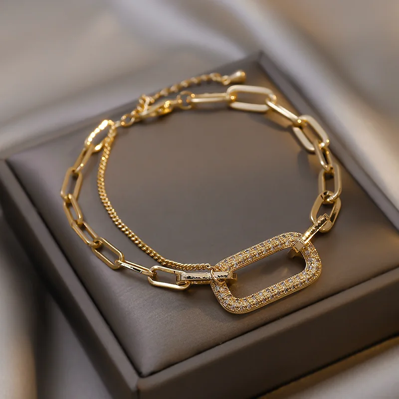

Women 18k Gold Plated Cubic Zirconia Rectangle Link Bracelet Multilayer Paperclip Chain Bracelet