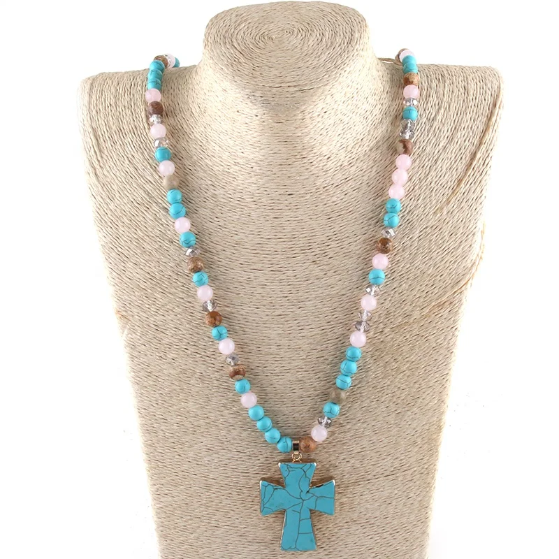 

Fashion Turquoise Lariat Necklace Natural Stone Pink Quartz Pic Jasper Beads Cross Pendant Necklace, Picture shows