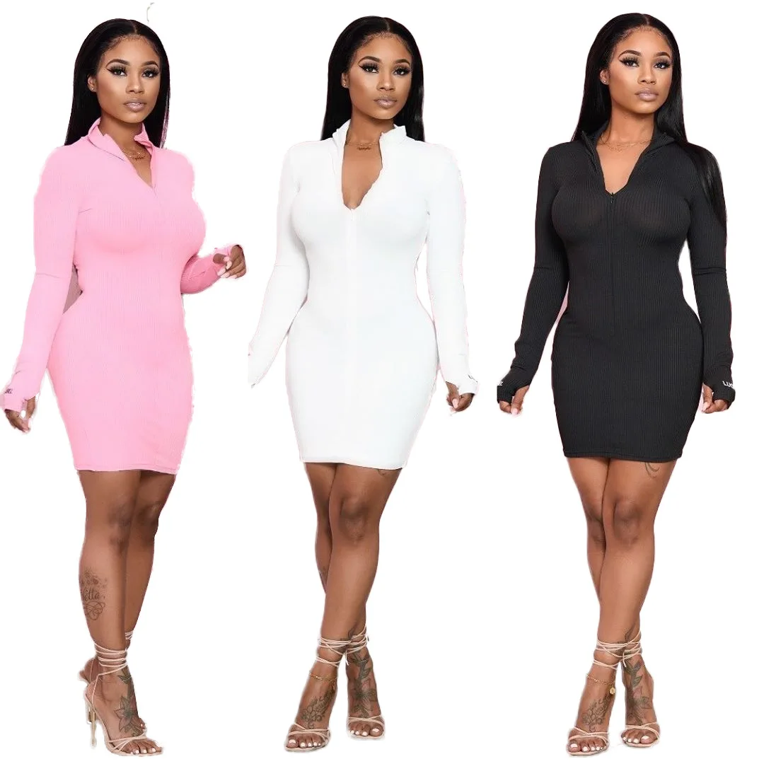 

RsCY1249 tight dresses women long sleeve V neck zipper pure color bandage and bodycon clothing spring