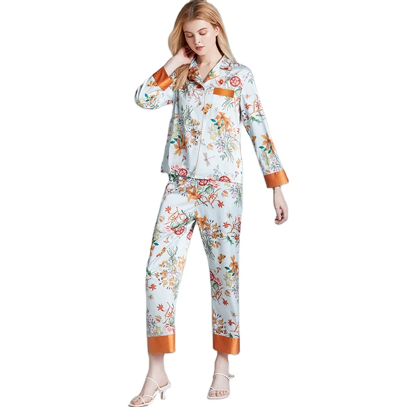 

Lapel Floral Pattern Long Sleeve Trousers Home Cozy Wholesale Pajama Sets For Women, Picture shows