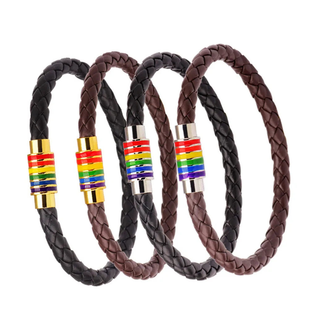 

2021 vintage style 23cm cowhide leather magnetic buckle LGBT gay pride rainbow zirconia bracelets, Rainbow gay pride rainbow zirconia bracelets