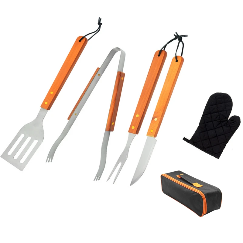 

In Stock Barbeque Accessories 5 pcs Garden Cooking Stainless Steel Wood Handle Smoker Offset Toolset Gril Bbq Grill Set