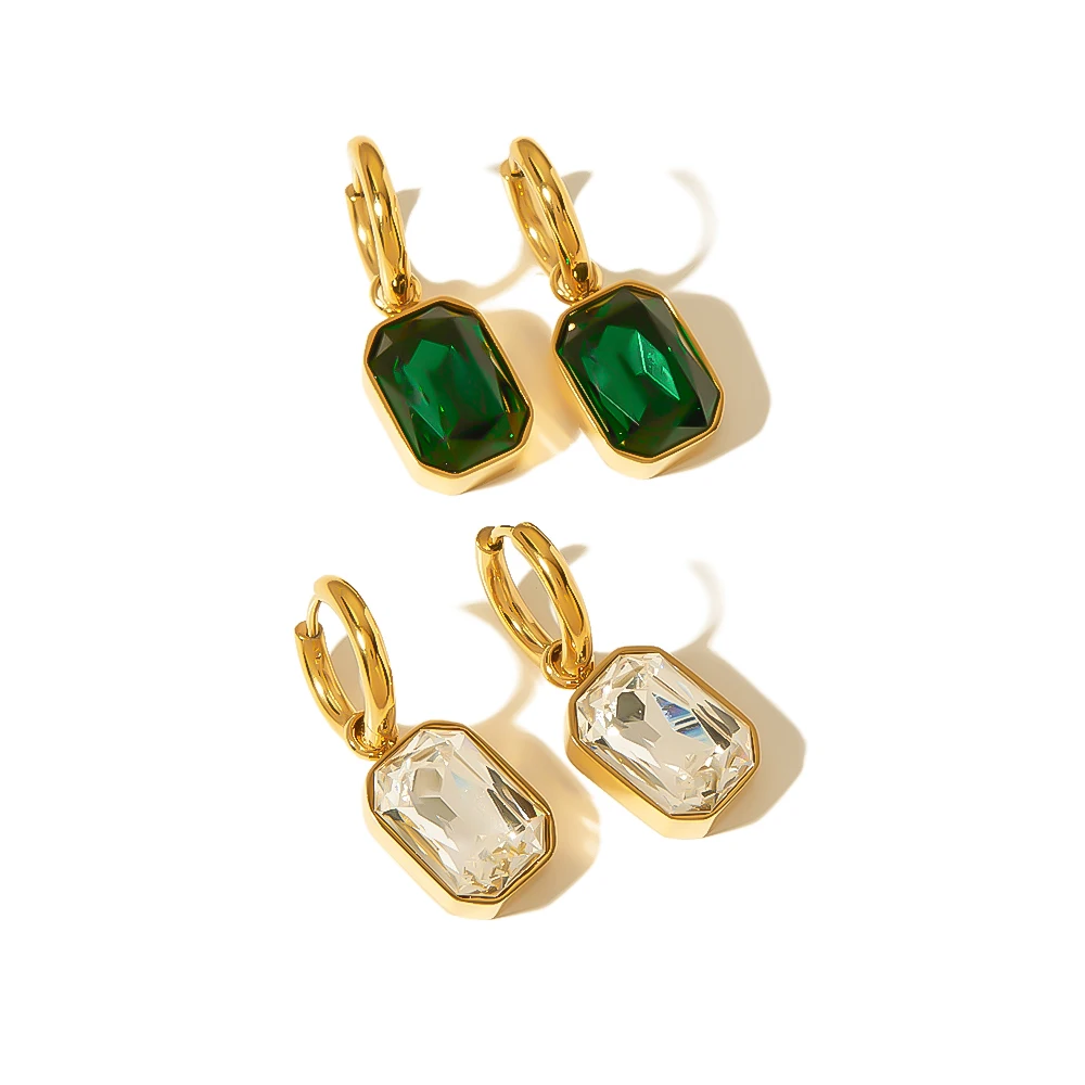 

Vintage Stainless Steel 18K Elegant Emerald Green Cubic Zircon Pendant Gold Hoop Earrings For Wedding