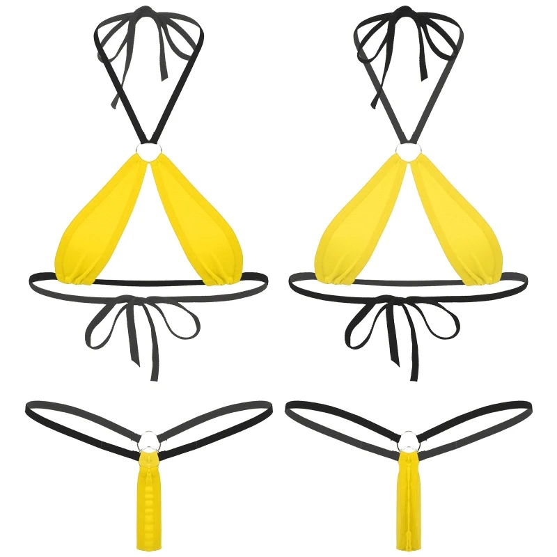 

Womens Lingerie Halter Neck Lace-up Two-Piece Mini Bikini Set O-Ring Connected Bathing Suit
