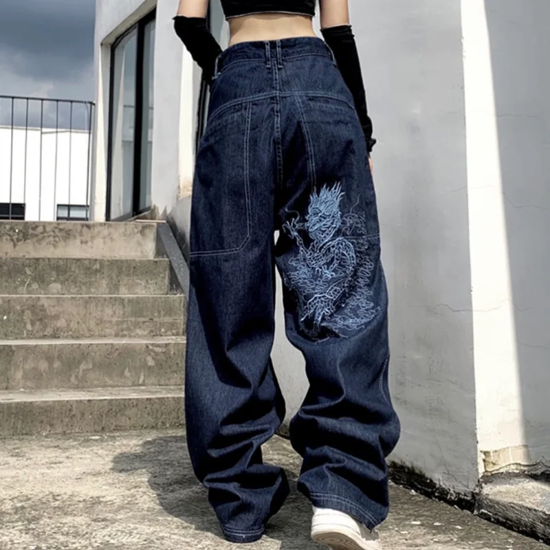 

American retro street loose embroidered straight-leg jeans women new casual all-match high-waist mopping wide-leg trousers