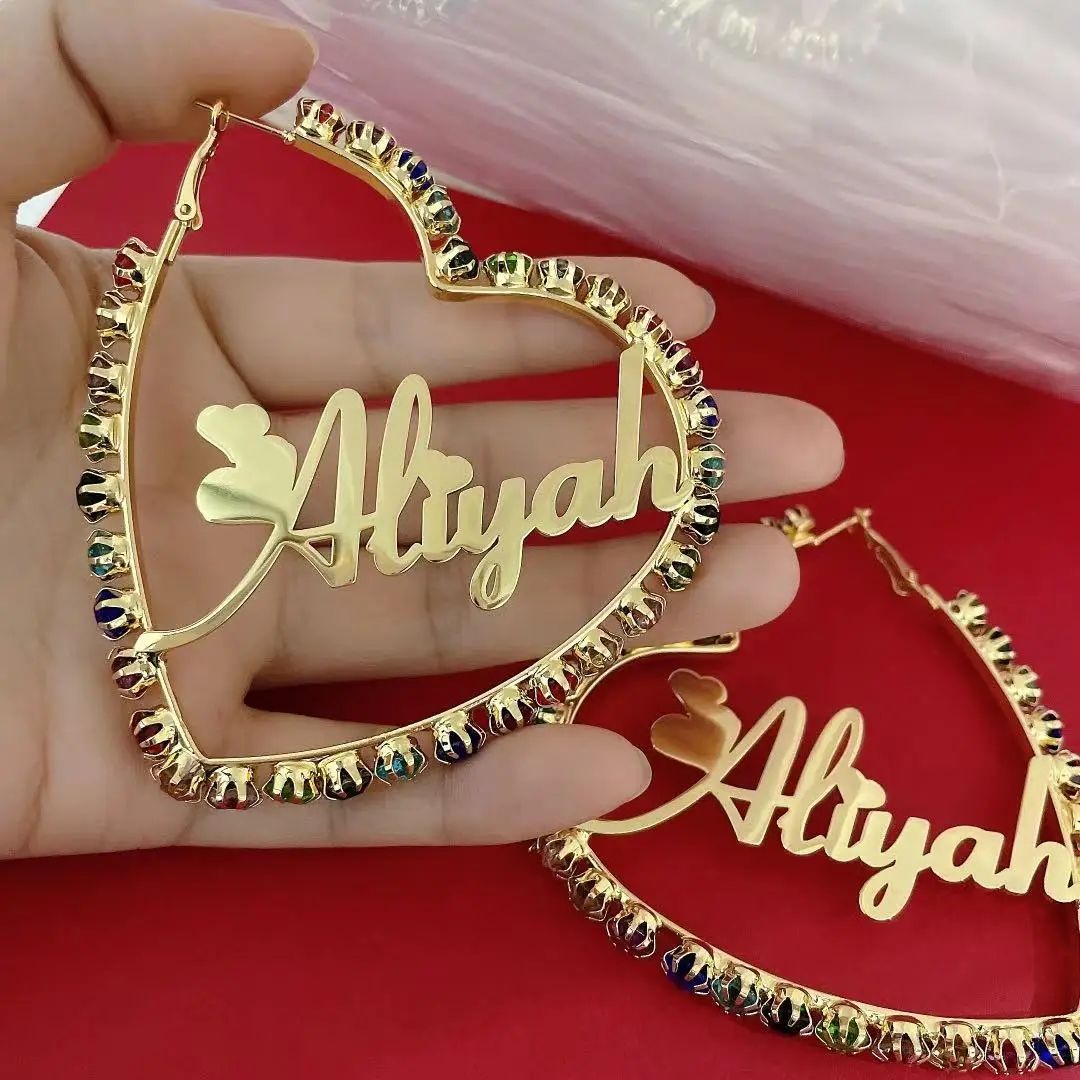 

Custom Women Name Gold Stainless Steel Hip Hop Sexy Plate Colorful Zircon Wholesale Customized Heart Name Hoop Name Earrings