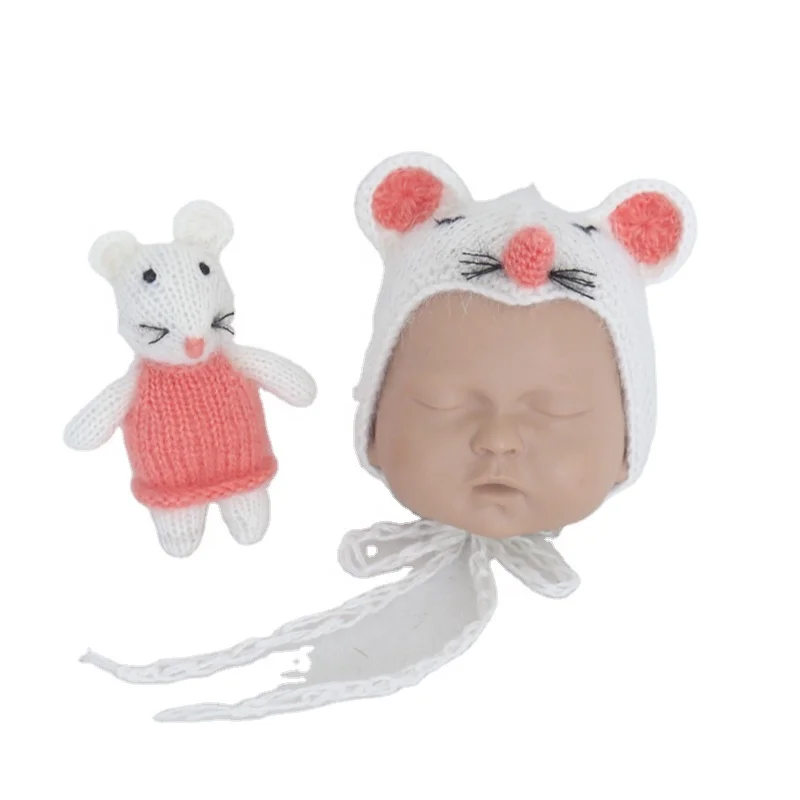 

Lovely mohair mouse bonnet and mouse toy set newborn photo props baby handmade knit hat and animal mouse toy photo shoot prop, Multi color