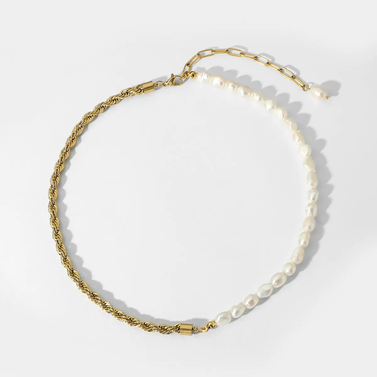

14k gold plated stainless steel freshwater pearls twist chain half baroque pearls rope chain choker necklace