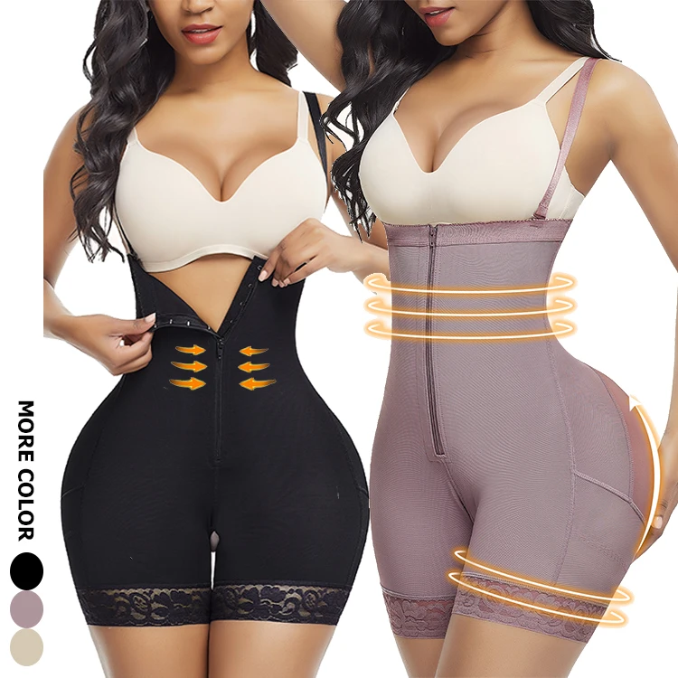 

Black Abdomen Tummy Control Front Zipper And Hook Lace Women Body Shaper Slimming