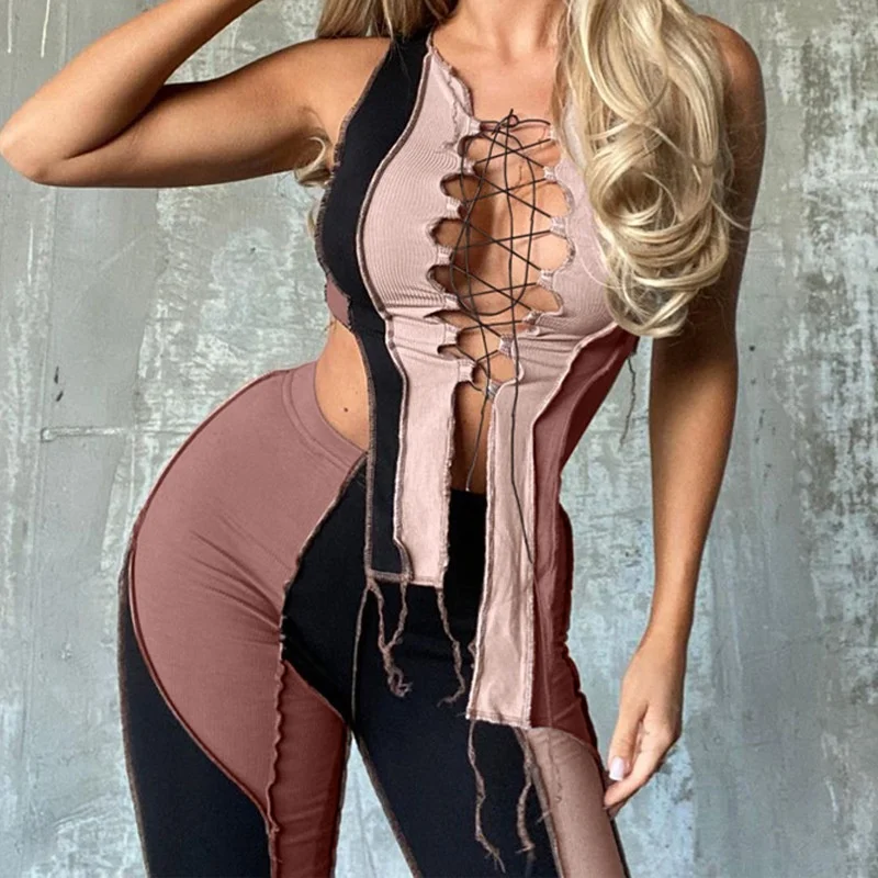 

D512A 2021 New fashion ladies 2 piece sets sexy outfits stitching lace-up sleeveless vest slim casual 2 piece pants set