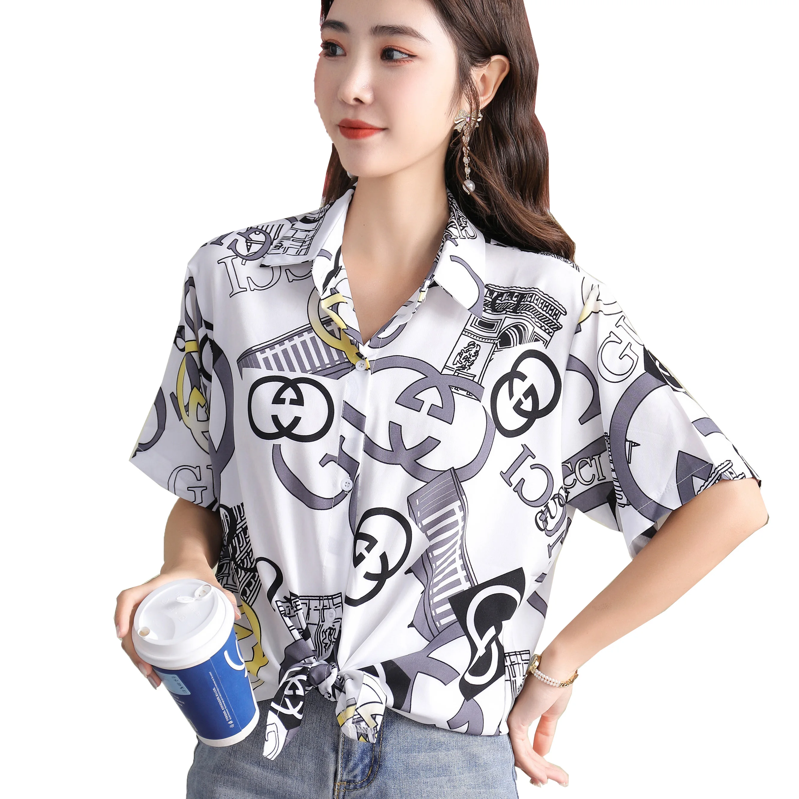 

YOMING YM114 Women's Elegant Diamond Character Printed Turn Down Collar Workwear Blouse Crop Top for Ladies in Stock, Yellow/red/black