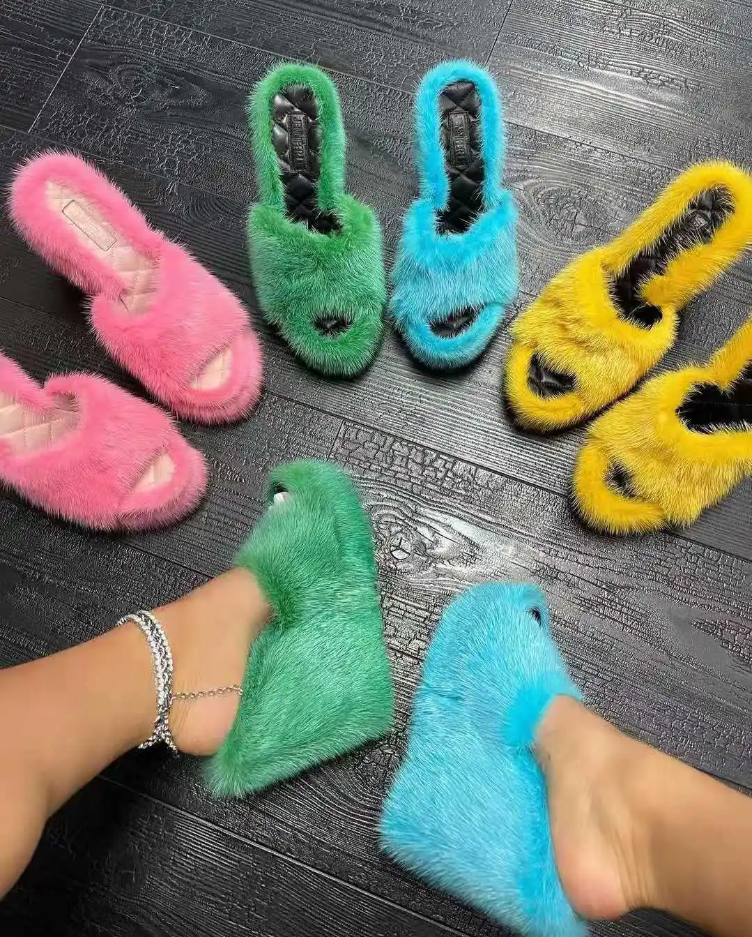 

High quality Mink Fur Slippers Fashion Heeled Sandals Women High Heels Plush Fluffy House Slippers Sexy Wedge Shoes Casual Shoes, As picture