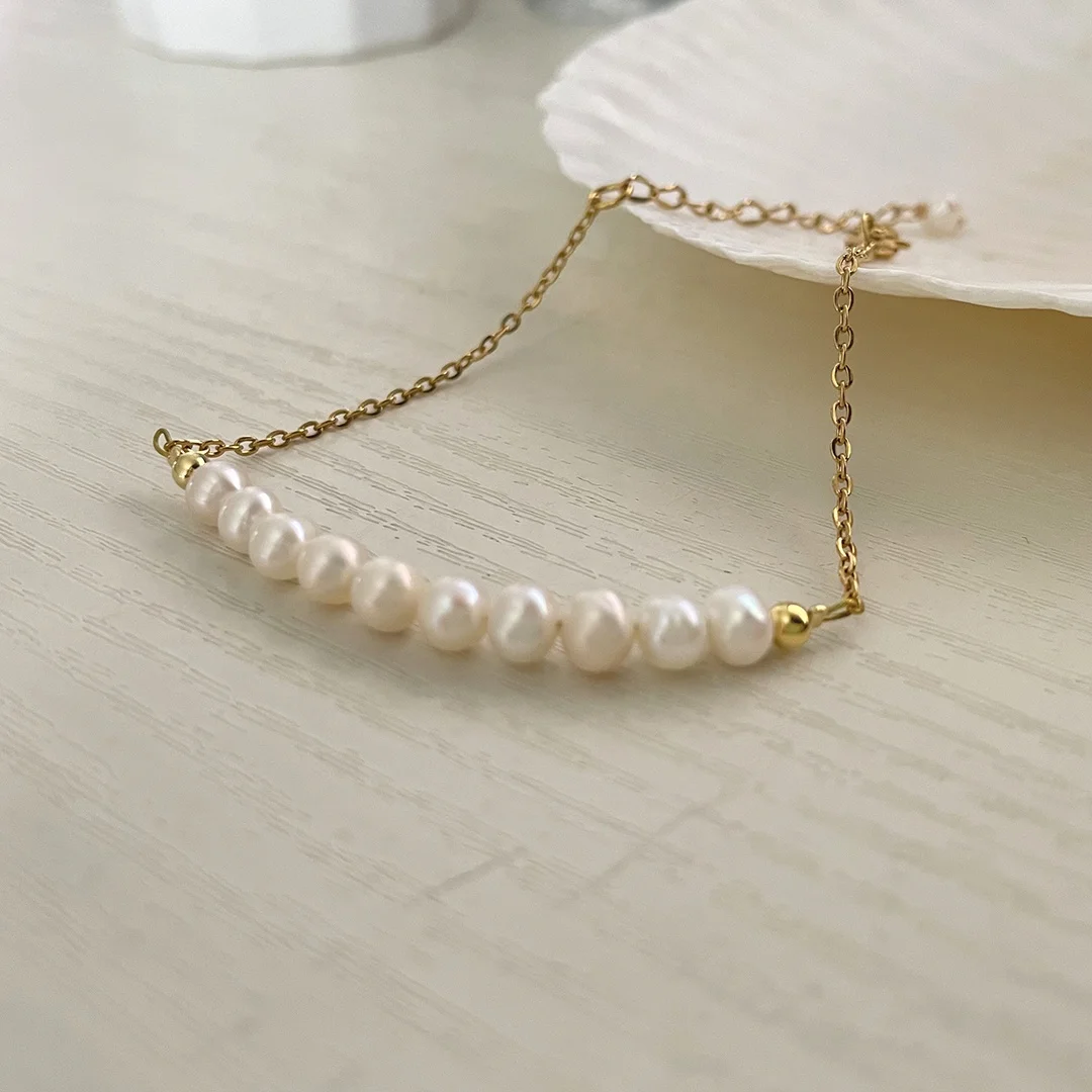 

Beaded Natural Freshwater Pearl Bracelets Thin Chain Pearl Charm Bracelets for Women Elegant Minimalist Stainless Steel Jewelry, Gold